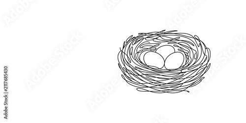 Black and white continuous line drawing of a bird nest with three eggs