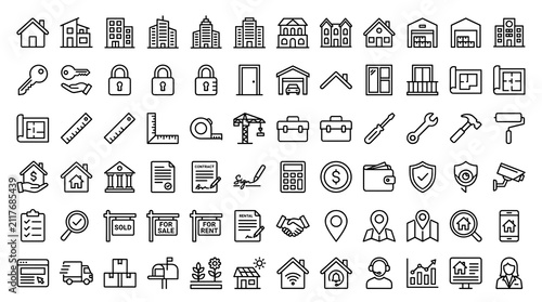 Obraz na plátně Set of 60 Real Estate Outline Web Icons with Editable Stroke for Property, Mortg