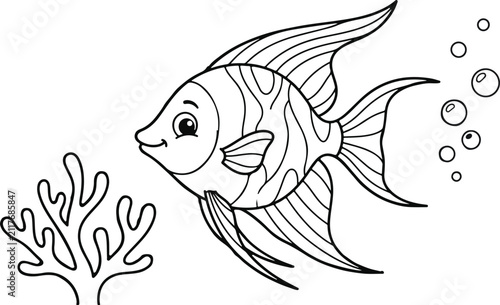 Cute angelfish swimming near coral reef black and white line art illustration for children coloring page