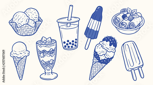 Ice cream and desserts doodle set hand drawn cartoon vector illustration