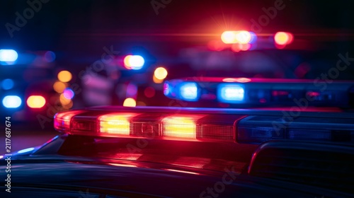 Police vehicle lights flashing red and blue on a busy street at night, capturing concepts of emergency, law enforcement, and public safety