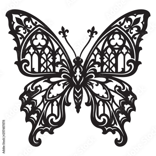 Intricate black silhouette of butterfly with ornate gothic architectural patterns inside wing design.