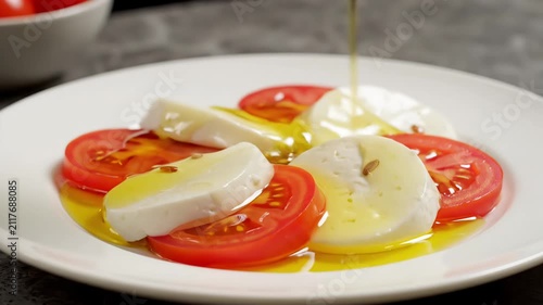 Golden olive oil pouring over fresh tomato and mozzarella slices on a white plate
