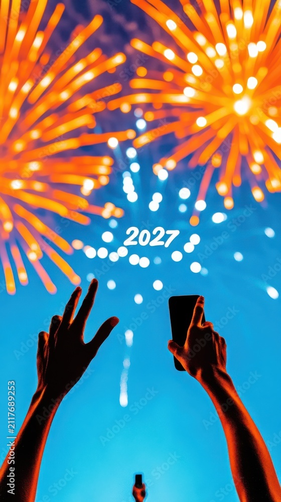 Obraz premium Hands capturing fireworks with smartphone under night sky with 2027 text