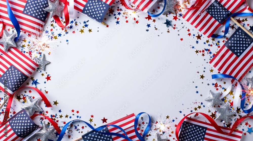 Obraz premium American flags, glittering stars, ribbons, and sparkling confetti forming a festive border for copy space