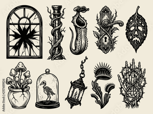 Abandoned Victorian greenhouse elements, gothic horror linocut illustration set, black woodblock vector icons