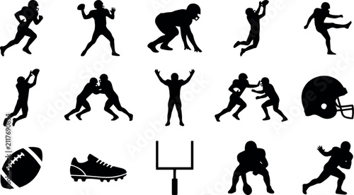 Foto American Football Player Silhouettes and Sports Equipment Icons Vector Set
