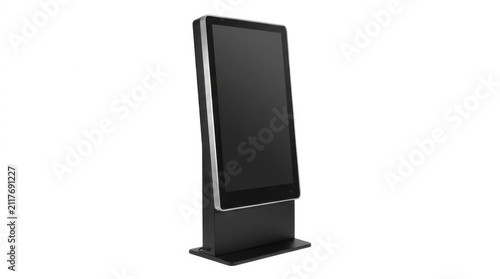 Modern black digital signage kiosk display standing on the floor for advertising and information in retail stores isolated on white background