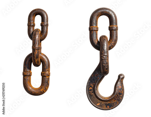 Rusty old iron chain links and hook