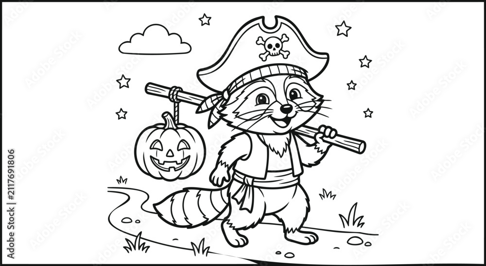 Fototapeta premium Cute cartoon raccoon wearing a pirate hat, holding a treasure map, surrounded by stars