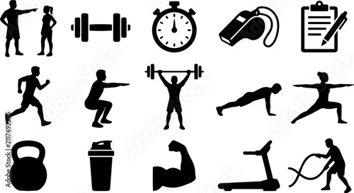 Fitness and Gym Icon Set featuring Workout Exercises and Training Equipment Silhouettes