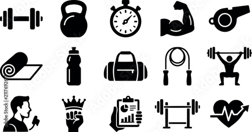 Professional Set of 15 Fitness and Gym Icons for Sports Branding and Digital Design
