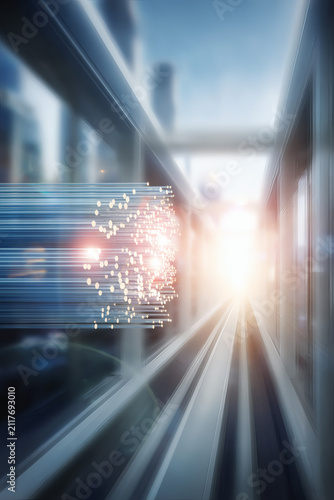 detail cinematic macro image of fiber optic cable cluster glowing intensely, cables guide eye toward radiant blue folder icon while background forms a soft blurred corridor suggesting motion 