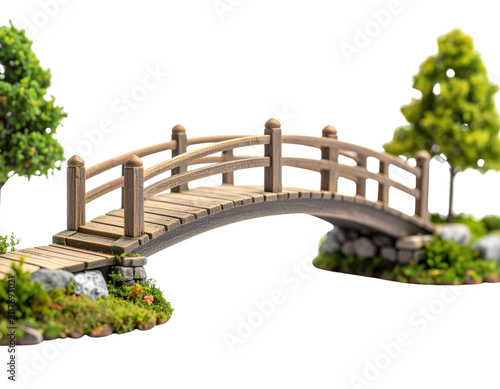 Miniature wooden arched bridge with trees and moss