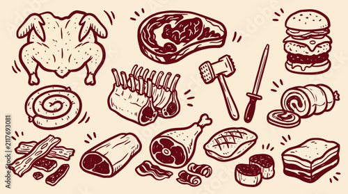 Meat and butchery doodle set hand drawn cartoon vector illustration