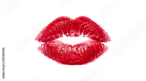 Cuadro en lienzo A bright red lipstick kiss mark showing texture and detail of human lips present