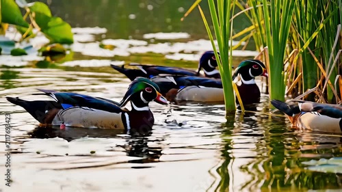 Colorful wood ducks gracefully swim and feed in a serene natural pond at sunset