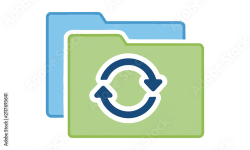 Minimalist icon of two overlapping file folders with a sync symbol on a white background for data synchronization and cloud storage concept