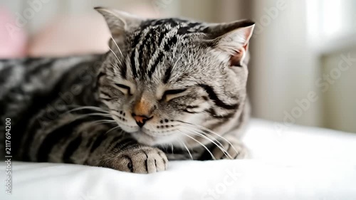 A beautiful tabby cat resting peacefully with its head on paws on a comfortable white bed indoors