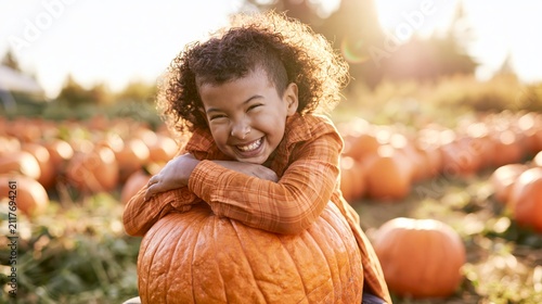 Joyful child embracing a big autumn pumpkin in a sunny patch, celebrating fall harvest and Halloween spirit