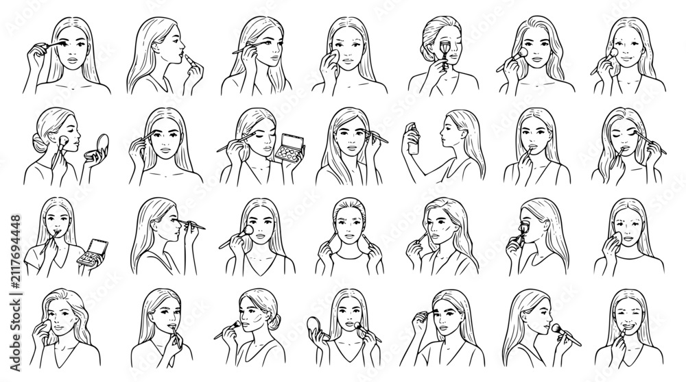 Fototapeta premium Black Line Art Women Applying Makeup Vector Set for Beauty Magazine and Cosmetic Design