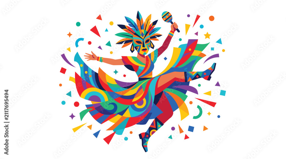Obraz premium Colorful Brazilian Samba Carnival Dancer in Feathered Mask Costume Dancing with Maraca