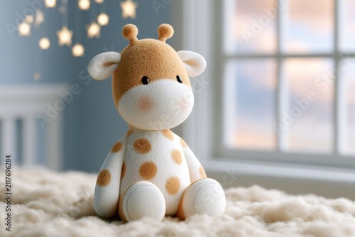 Adorable plush giraffe toy sitting on a soft fluffy blanket in a child's bedroom, evoking comfort and innocent joy.