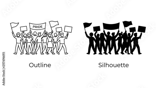 Protest March: A crowd of people holding signs and flags, some bearing the word Pride, are depicted in both outline and silhouette styles, representing a demonstration or march.