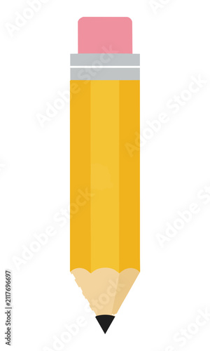 A simple yellow pencil with a pink eraser and sharp black tip, depicted in a clean flat graphic style on a white background. Education and stationery concept