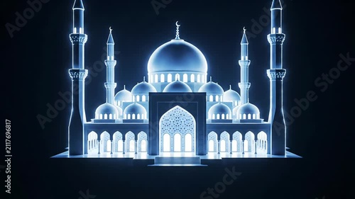 Bright blue mosque outline illuminating with a modern digital glow in the darkness
