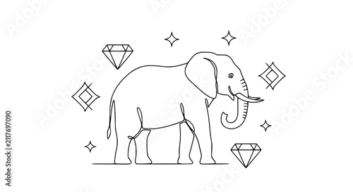 Foto Continuous line drawing of an elephant surrounded by geometric diamonds and sparkles on a white background