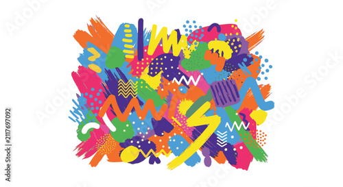 Vibrant abstract vector illustration featuring colorful hand-painted brushstrokes, geometric zigzags, and polka dots on white background. Multicolored expressive artistic collage.