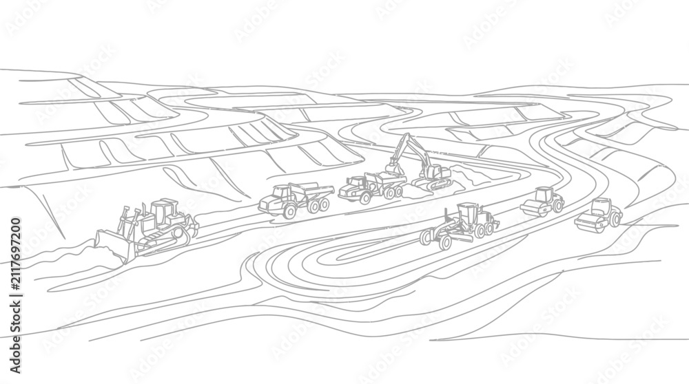 Obraz premium Line art illustration of heavy construction machinery working on a large site.
