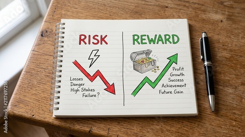 Risk versus Reward business concept sketch in notebook, financial strategy and investment analysis diagram, profit growth and loss comparison