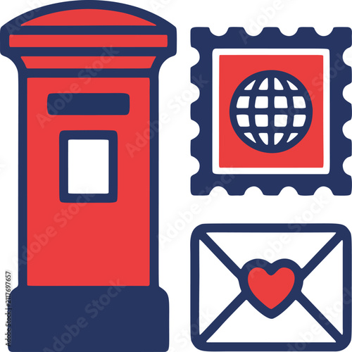 Postal Service Icons with Mailbox Stamp and Love Letter