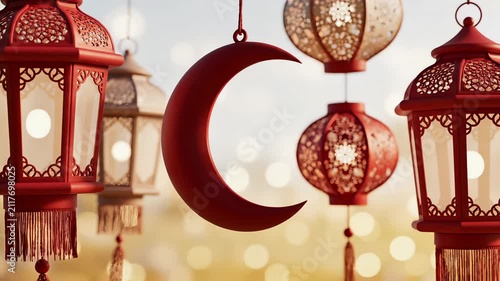 A beautiful red crescent moon hangs among festive decorative lanterns with a soft bokeh background