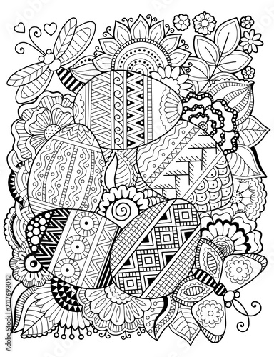 Coloring book for adult. Easter eggs doodle line art coloring book page, ornate decorated holiday eggs with floral elements and butterfly