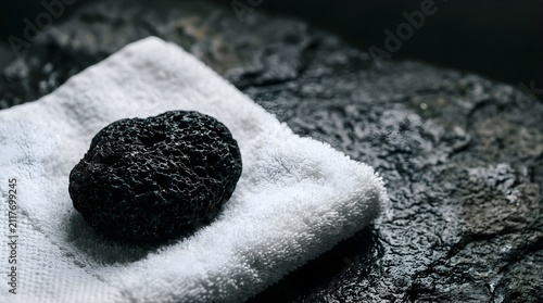 Black volcanic pumice stone on white towel for spa wellness treatment