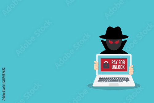 Hacker Holding Laptop with Ransomware Payment Demand Illustration	
