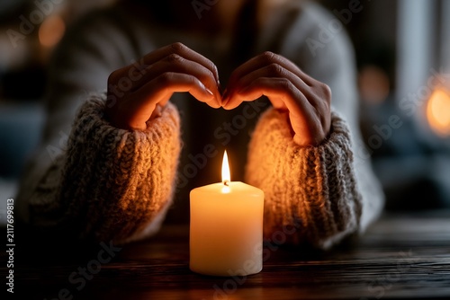 Hands forming a heart shape around a burning candle in a warm, cozy setting, symbolizing love, hope, and peace