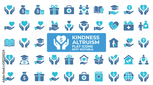 Foto Set of kindness and altruism flat icons featuring hands holding hearts, money ba