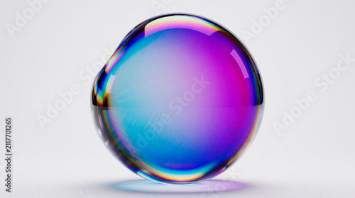 Abstract 3D iridescent liquid glass sphere with vibrant blue and purple holographic gradient on white background