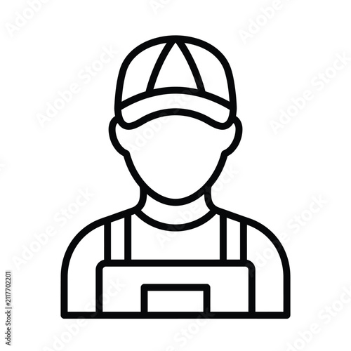 Simple line art icon of a construction worker wearing a cap and overalls for professional service branding