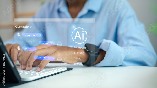 Fotografie Businesswoman typing on computer keyboard using artificial intelligence generative chat prompt interface for automated business content, data analysis, and office productivity