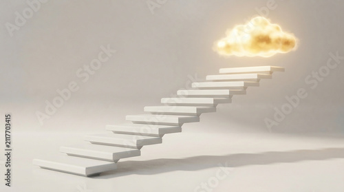 Stairway to success concept with glowing golden cloud floating above stairs, stairway