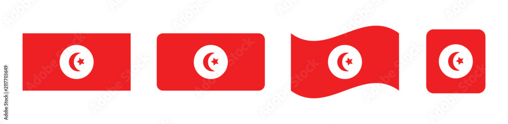 Obraz premium Tunisia Flag Set Waving Rectangle Rounded and Square National Flag Icon Vector Illustration
