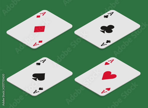 Playing cards. A set of isometric 3D cards isolated on a green background.