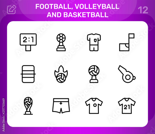 Football volleyball and basketball icon set. Editable icon set. Professional and modern icon collection vector illustration featuring active match gear.