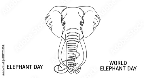 Foto World Elephant Day Line Art Illustration - Majestic Elephant Face with Tusk and