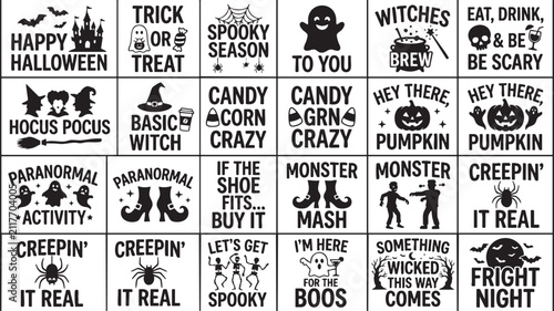 Set of various halloween themed typography designs featuring spooky quotes and holiday illustrations perfect for greeting cards stickers and festive seasonal decor